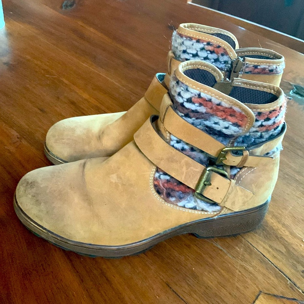 Boho leather and woven fabric belted boot 8